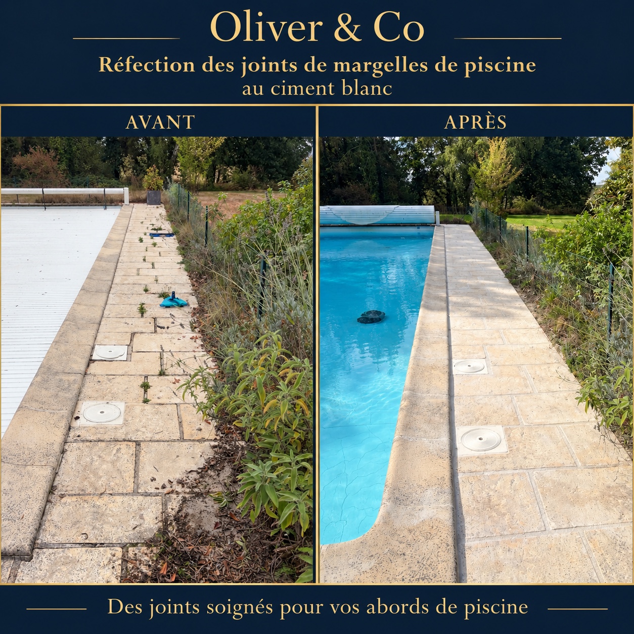 Avant et après la réfection des joints de margelles de piscine au ciment blanc par Oliver & Co