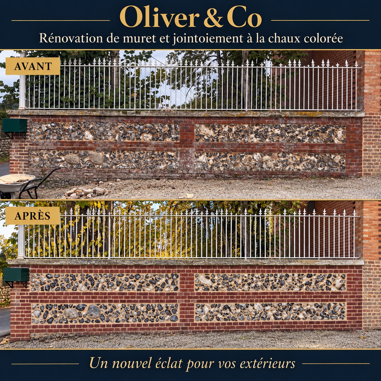 Avant et après la rénovation et le jointoiement à la chaux colorée d’un mur en briques et silex par Oliver & Co