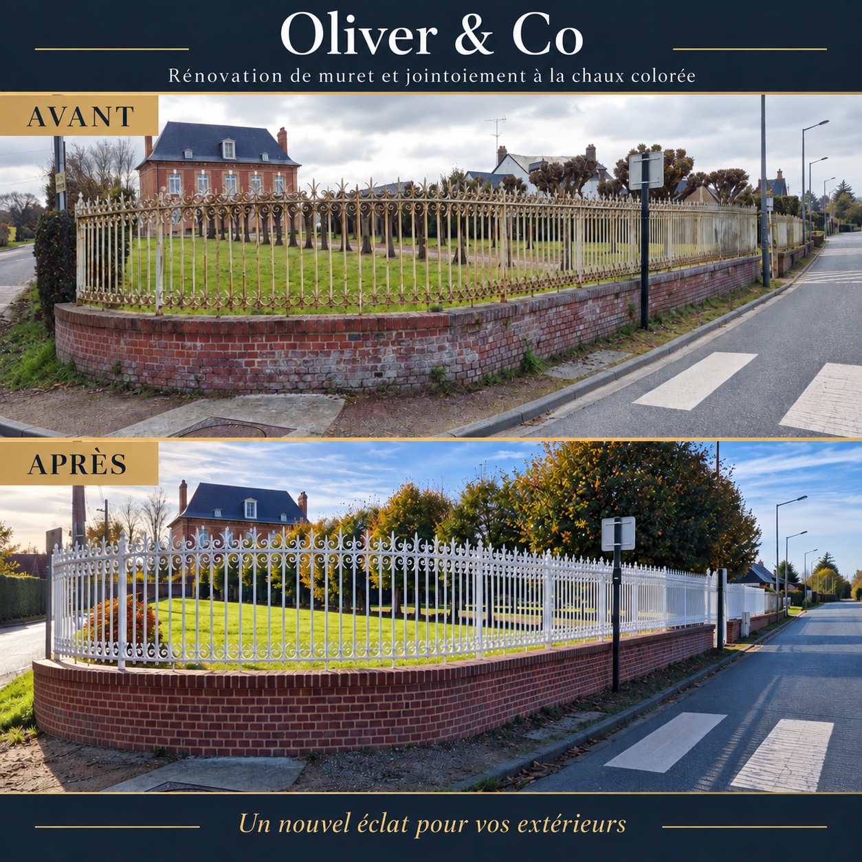 Avant et après la rénovation et le jointoiement à la chaux colorée d’un muret en briques par Oliver & Co